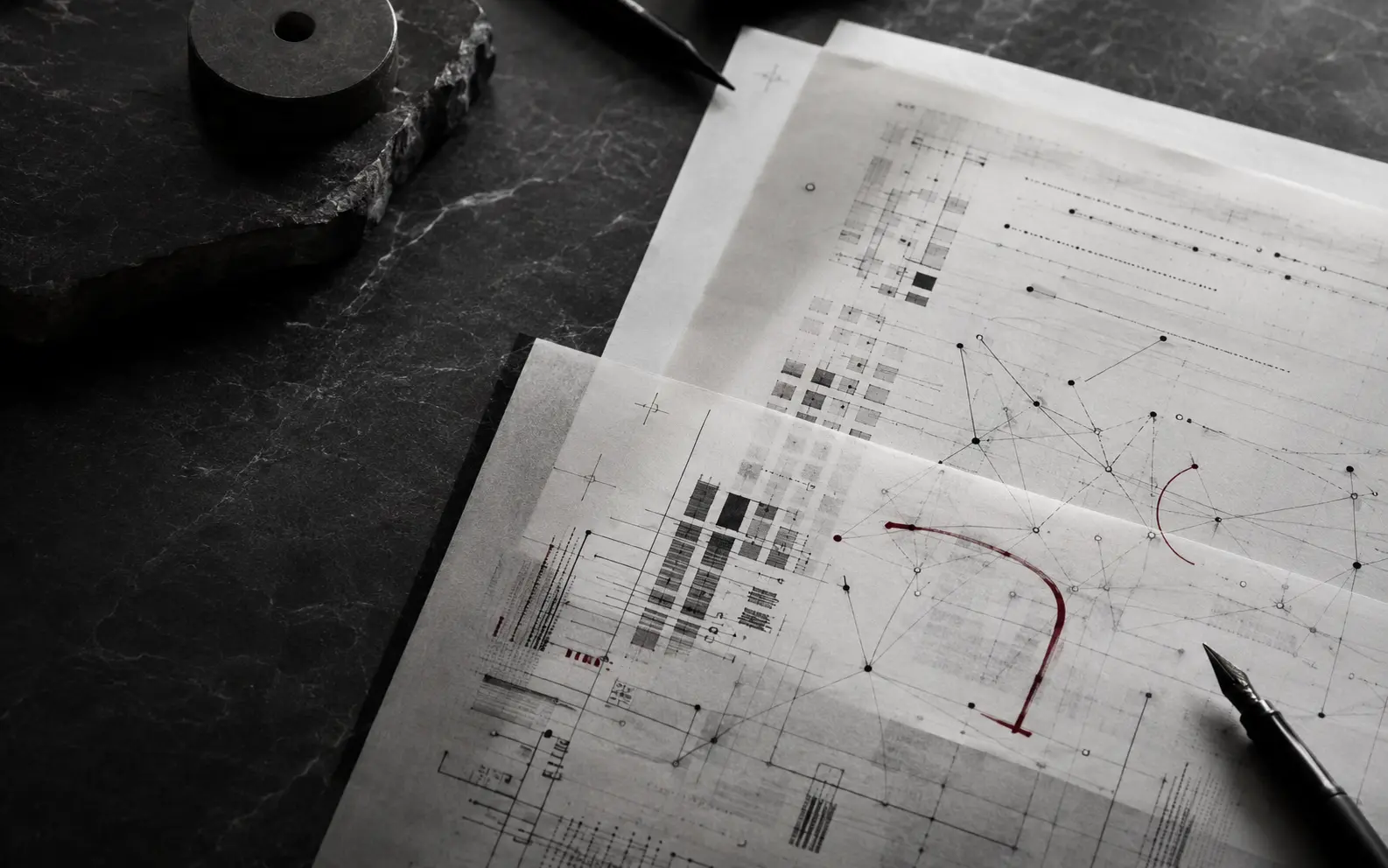 Layered technical mapping sheets and data relationship diagrams marked with restrained red annotations